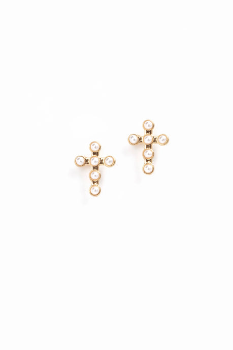 Pearl Studded Cross Earrings - Gold or Silver