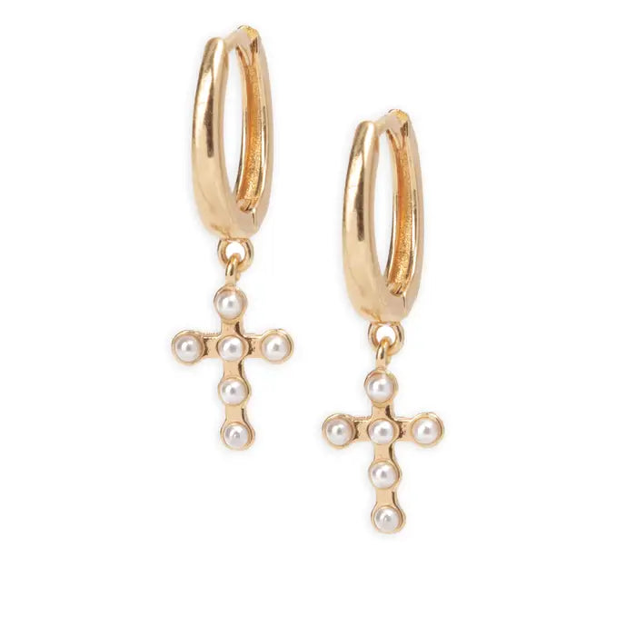 Pearl Cross Huggie Dangle Earring - Gold or Silver