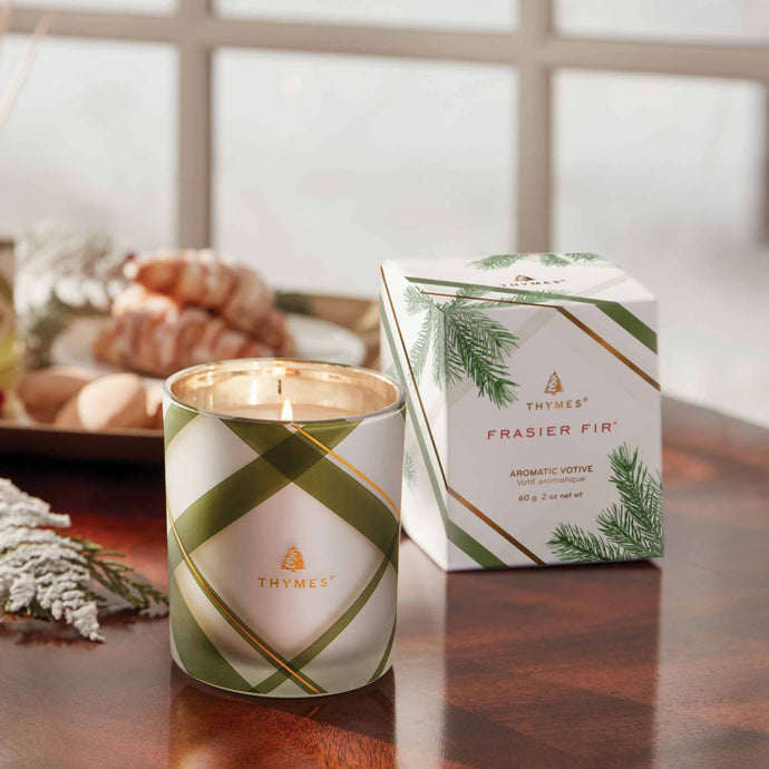 Thymes Frasier Fir Frosted Plaid Votive Candle