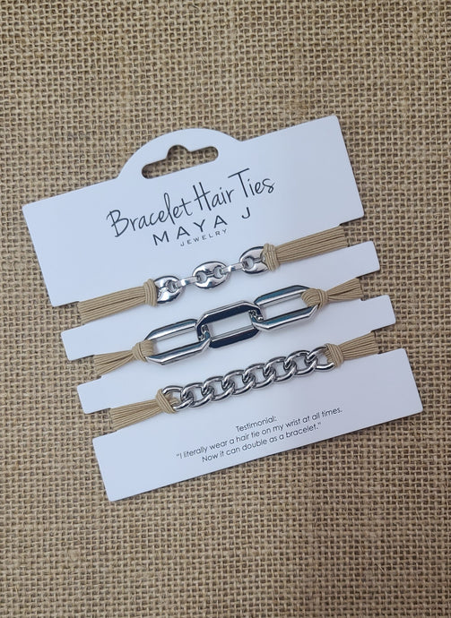 Bracelet Hair Ties-Silver Chains with Beige Cord